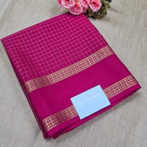 Magenta Pink Golden Checks Mysore Crepe Saree