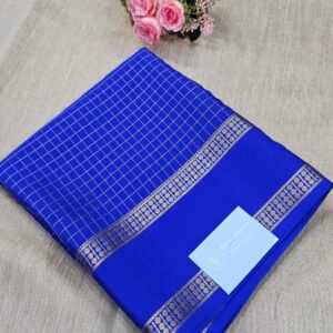 Royal Blue Golden Checks Mysore Crepe Saree