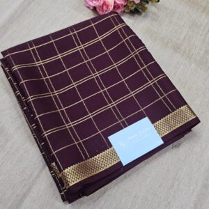 Deep Wine Brown Golden Check Mysore Silk Saree