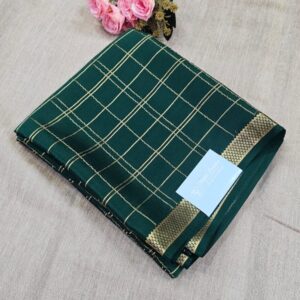 Elegant Dark Green Checked Saree with Gold Border Mysore Crepe Silk Saree