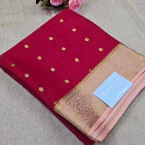 Wine Red & Blush Pink Zari Saree with Gold Floral Border Mysore Crepe Silk Saree