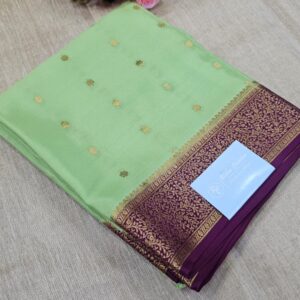 Mint Green & Wine Purple with Gold Zari Border Mysore Crepe Silk Saree