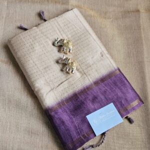 Elegant Beige Saree with Purple Border and Tassels
