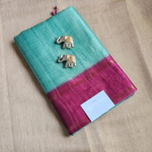 Elegant Aqua Blue Saree with Magenta Border and Tassels